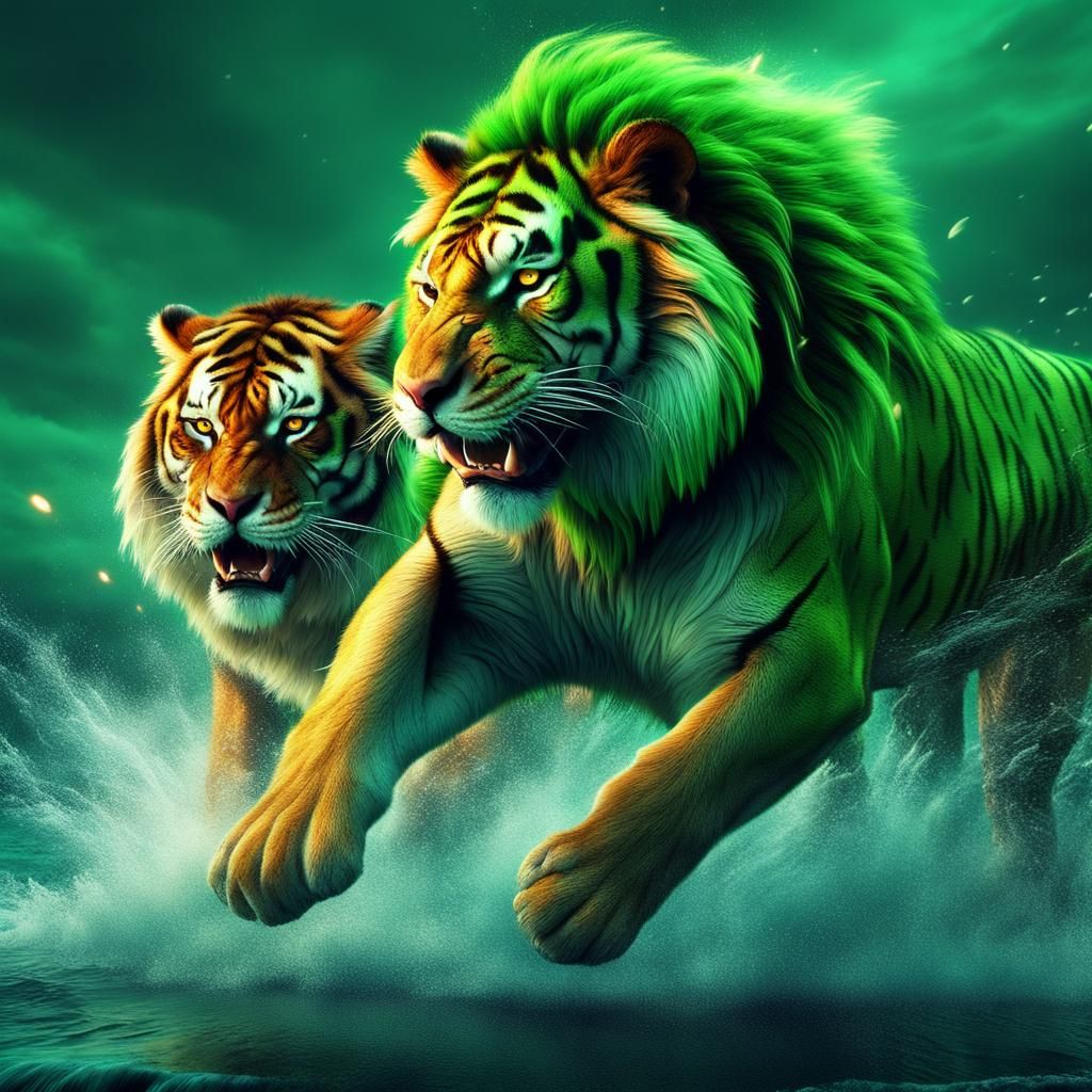 Epic Battle: Green Tiger vs Lion in Digital Art