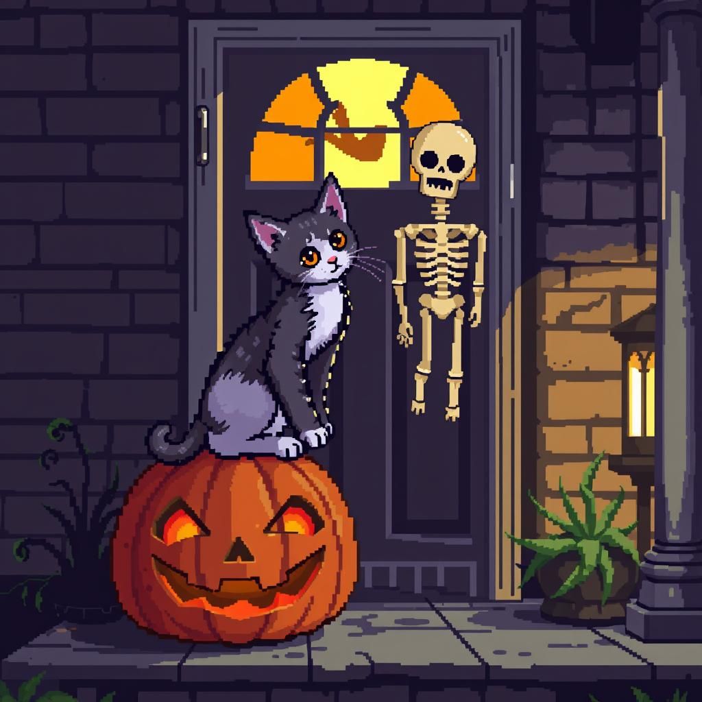 Kitten on Jack-o'-Lantern in Pixel Art Style