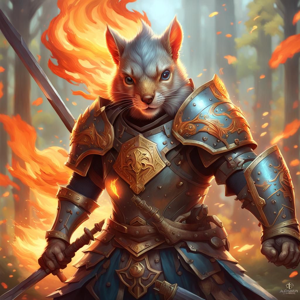 Squirrel Knight with Flaming Sword Concept Art