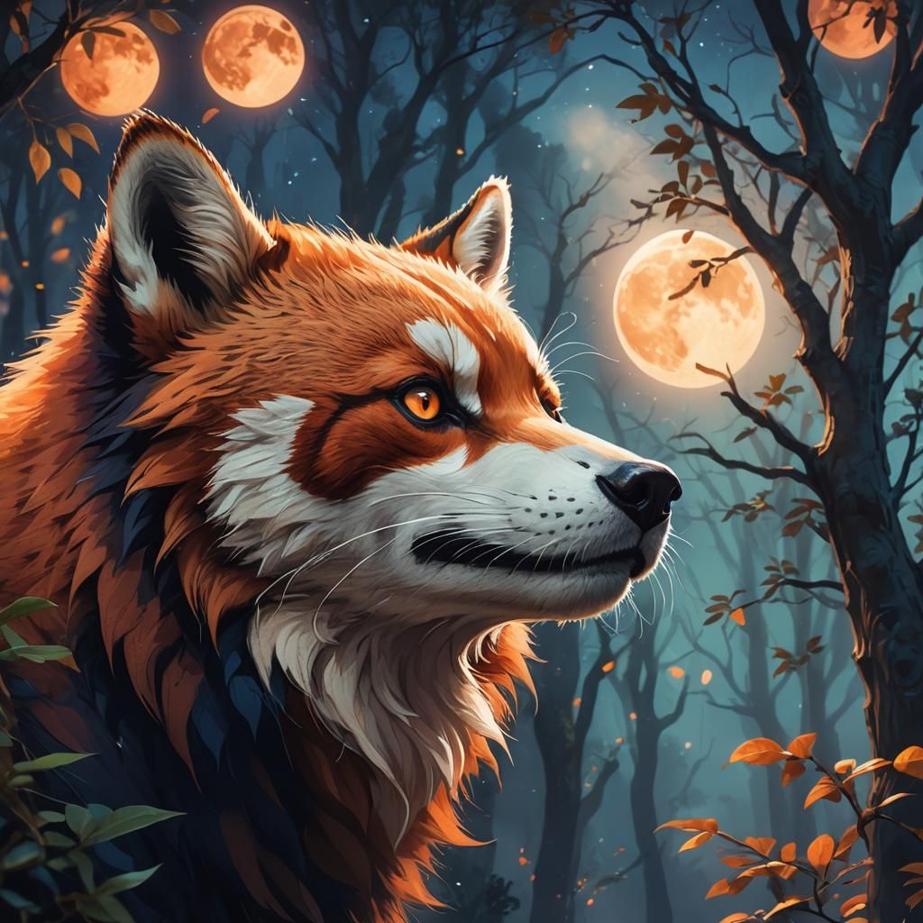 Red Panda Wolf Hybrid Gaze in Digital Art Style