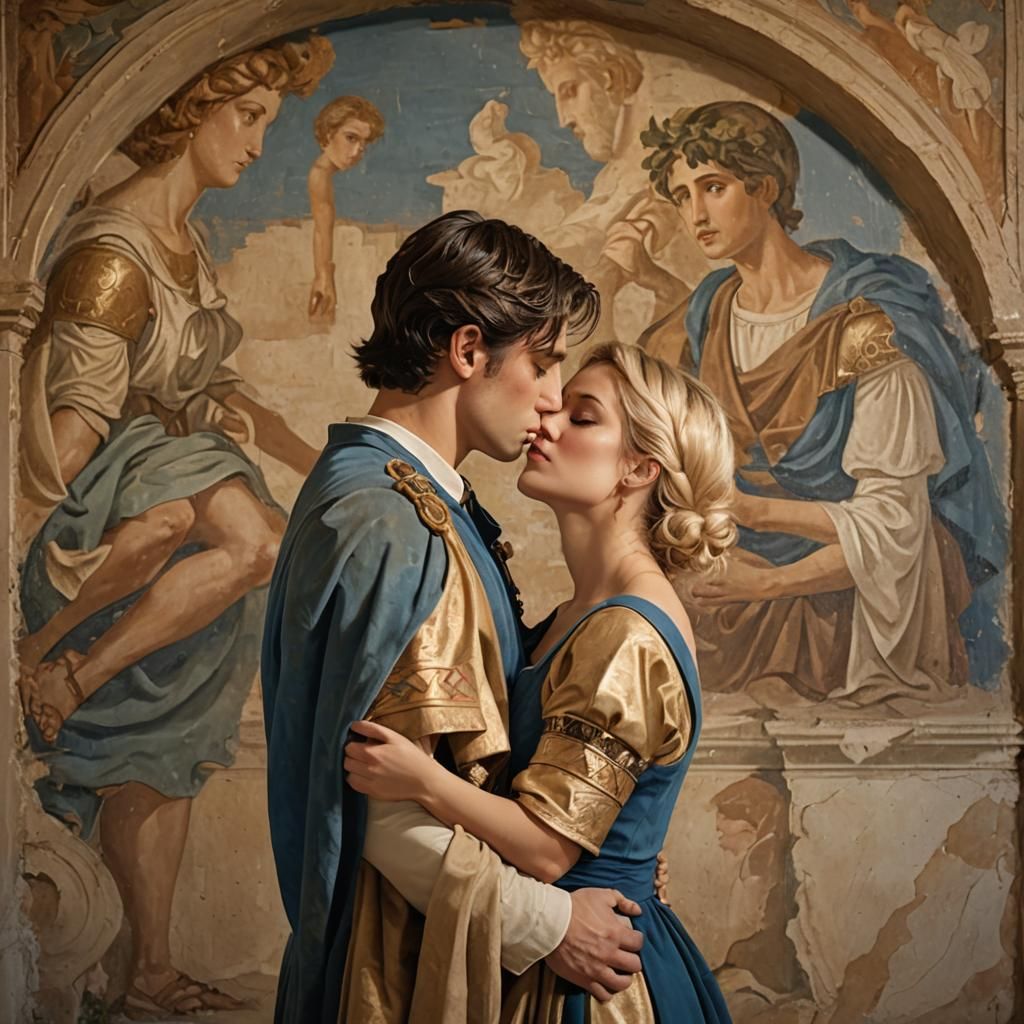 Romantic Kiss Before Fresco Wall in Golden Light