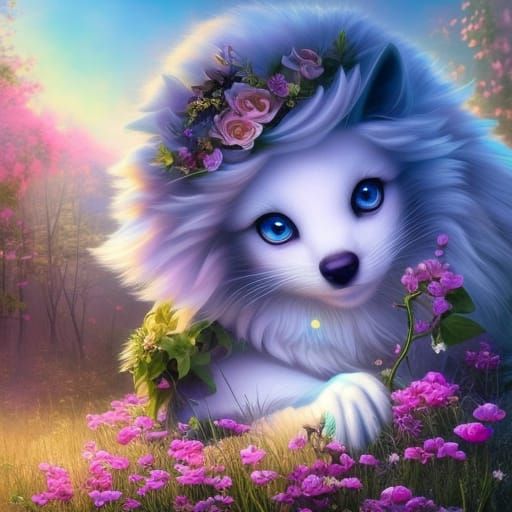 Mystical White Fox with Big Eyes, Digital Painting