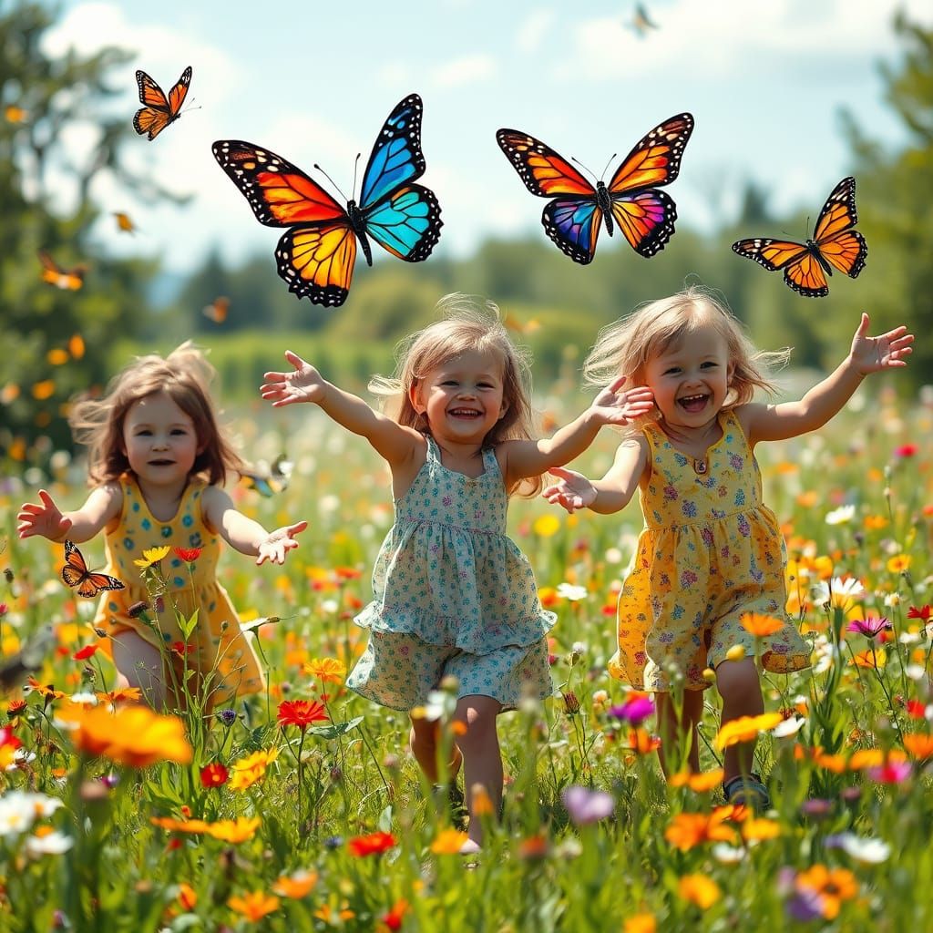 Joyful Children Surrounded by Iridescent Butterflies in a Cl...