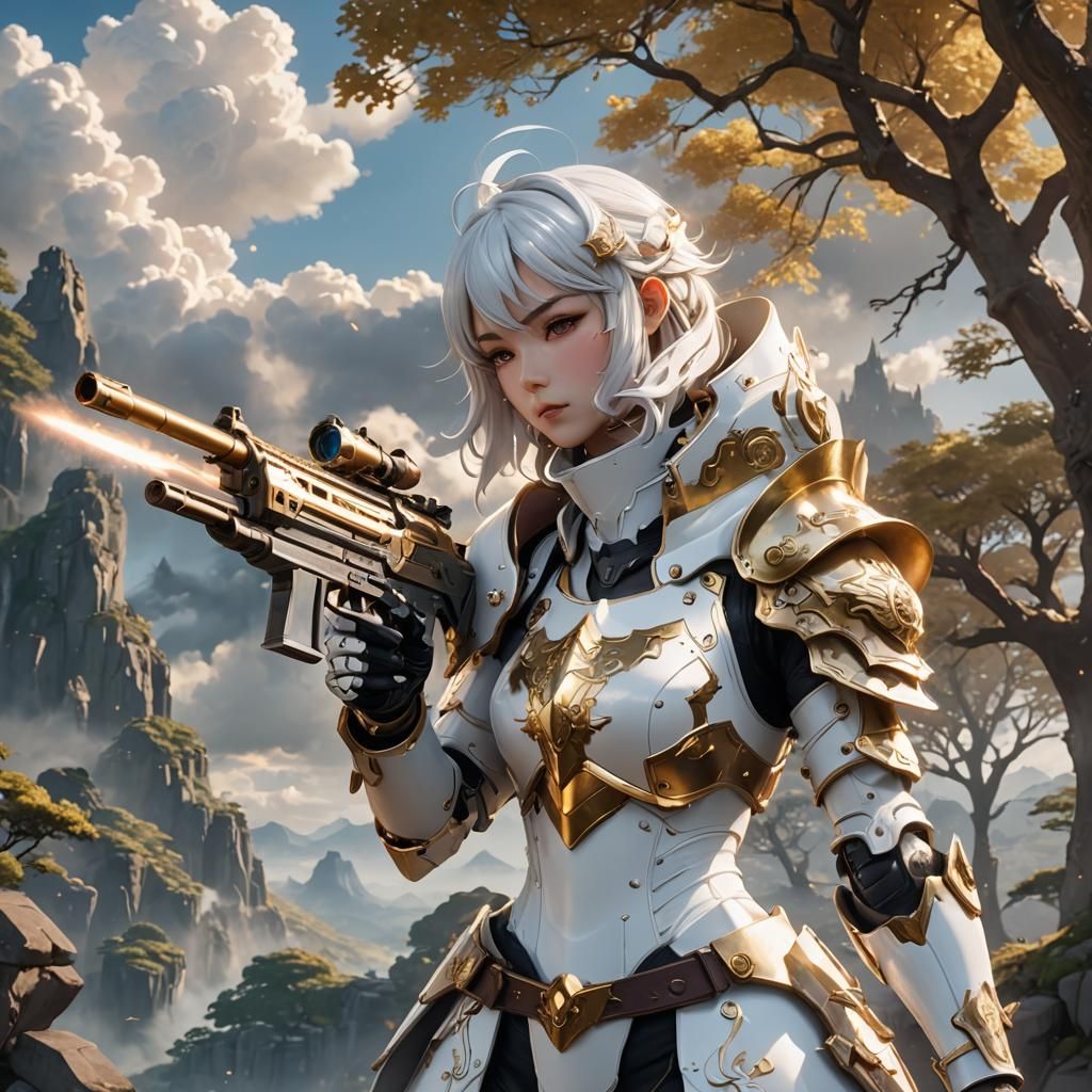Anime Girl in Armor Shooting Gun in Fantasy Landscape