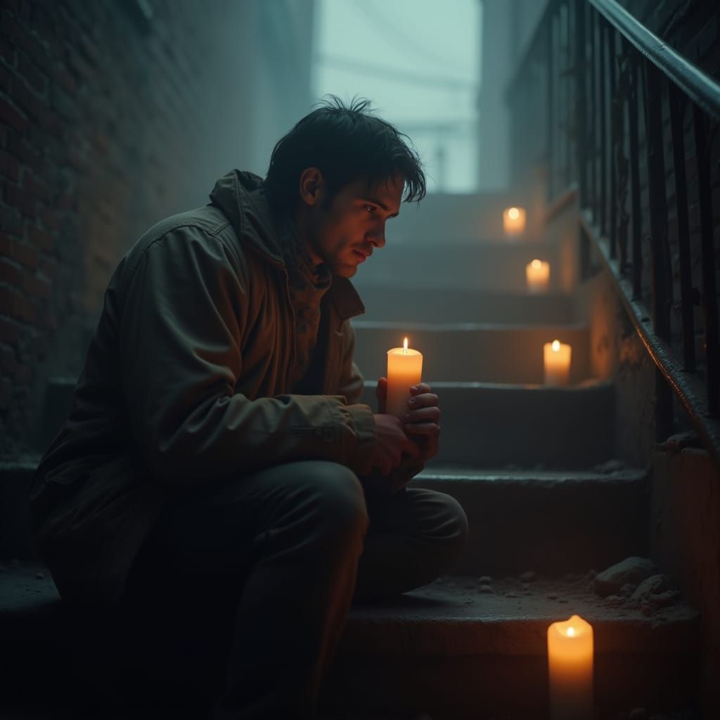 Man with Candle on Foggy Stairs in Ethereal Glow