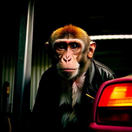Grumpy Monkey Mechanic Searching in Garage