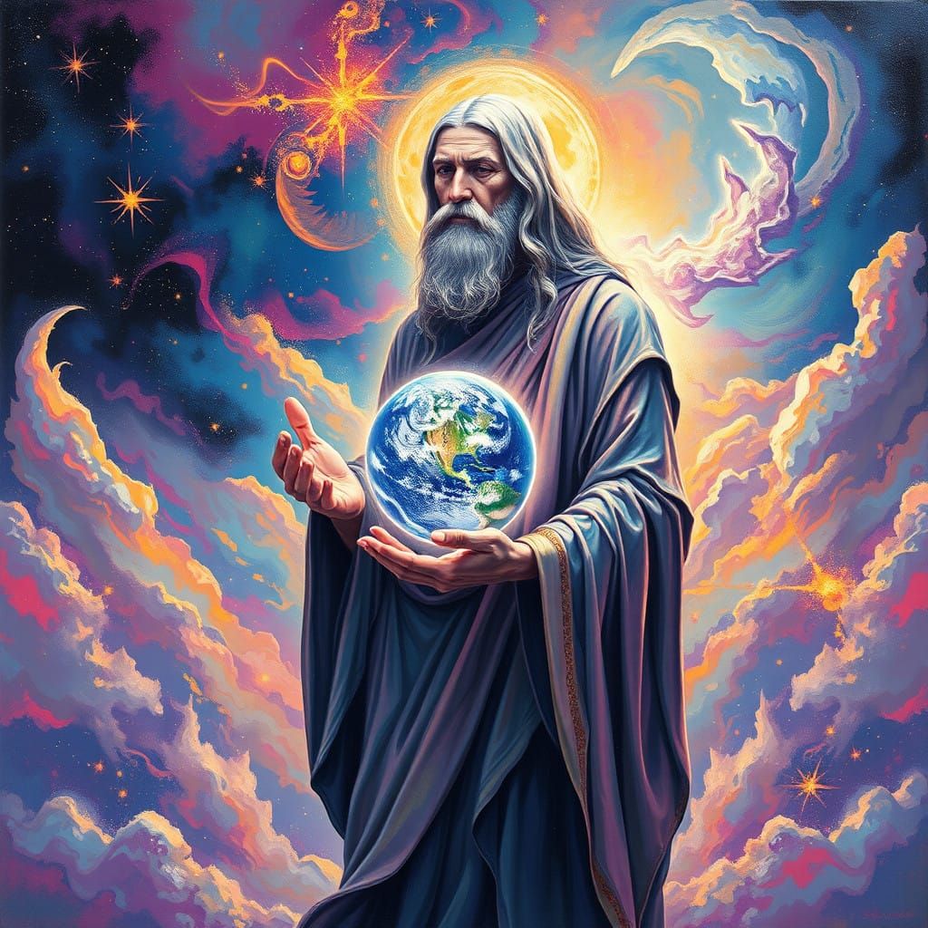 Godlike Human Holding Vibrant Planet in Iridescent Robes