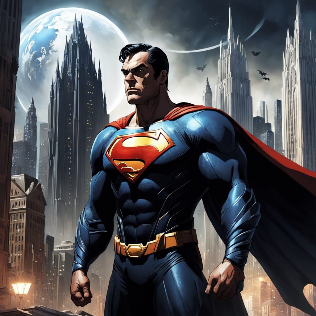 Superman and Batman in Gothic Cityscape Concept Art