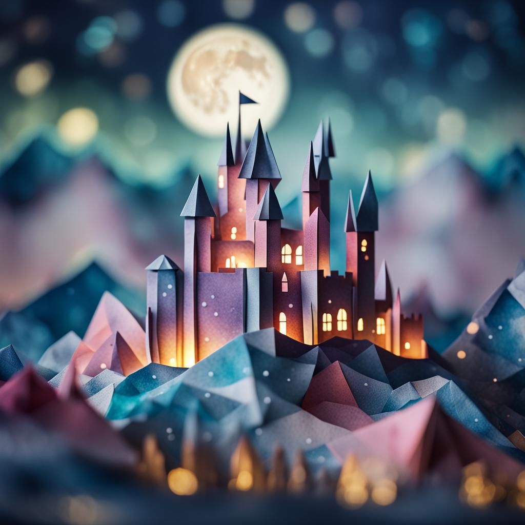 Magical Castle on Snowy Mountain in Watercolor Style