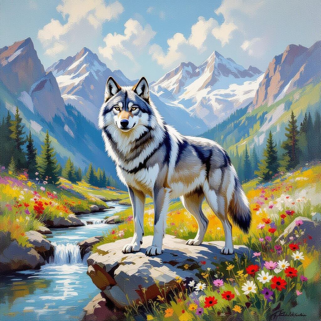Direwolf in Impressionist Mountain Landscape