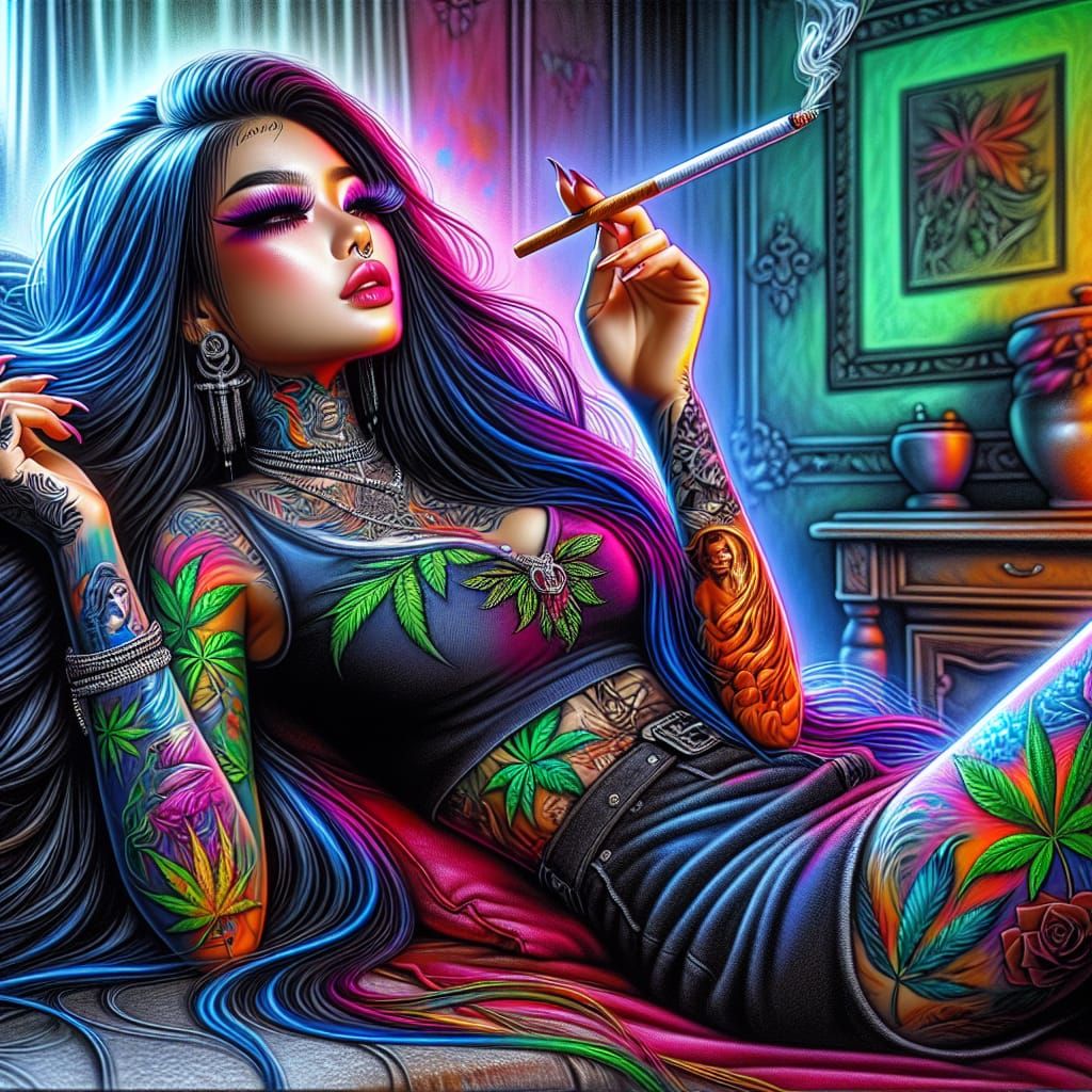 Tattooed Princess Smoking: Hyper-Realistic Airbrushed Illust...