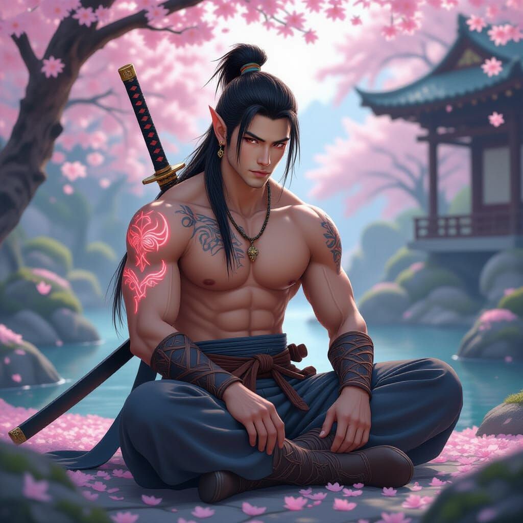 Chinese Elf in Cherry Blossom Garden