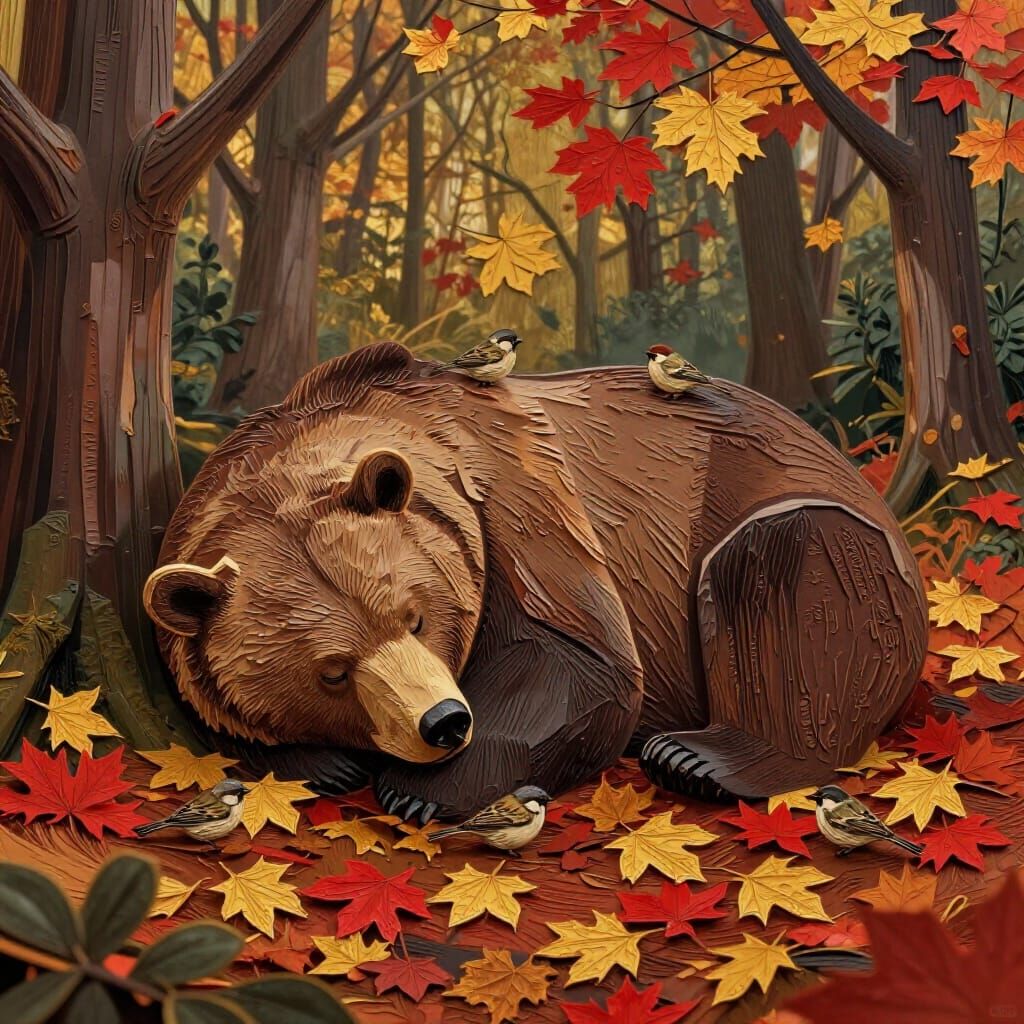 Peaceful Bear Sleeps in Autumn Forest with Sparrows