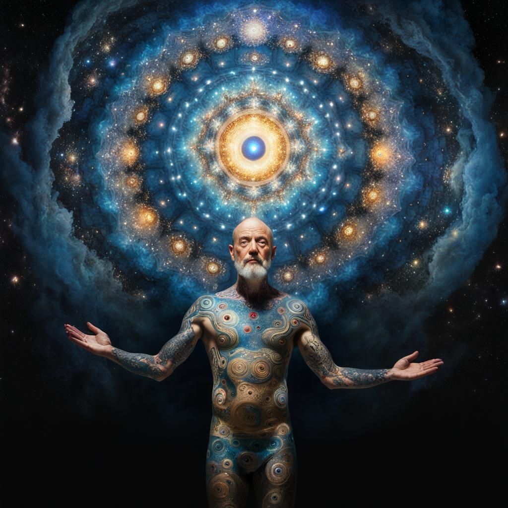 Heavily Tattooed God Over Cosmic Light Rays