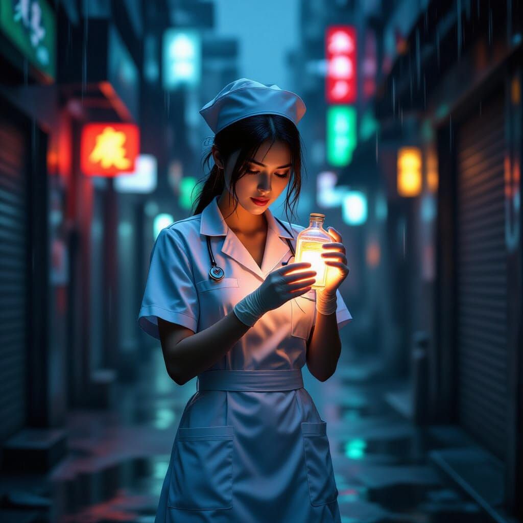 Nurse with Glowing Vial in Cyberpunk Alleyway