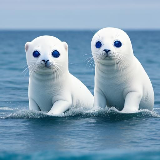Two White Baby Seals with Big Blue Eyes