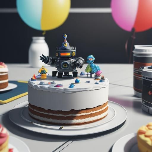 Robot Birthday Party with Cake in Sci-Fi Style