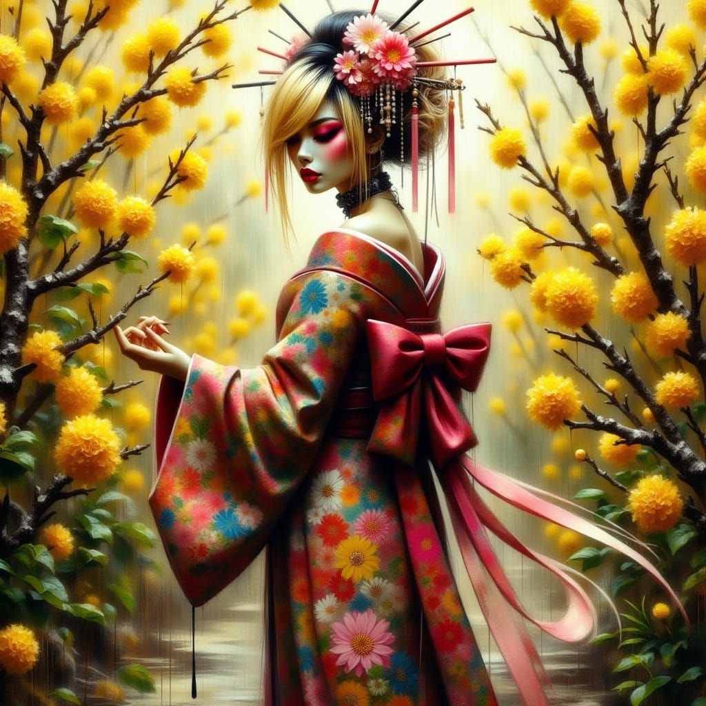 Cyberpunk Geisha Strolls Through Vibrant Spring Garden