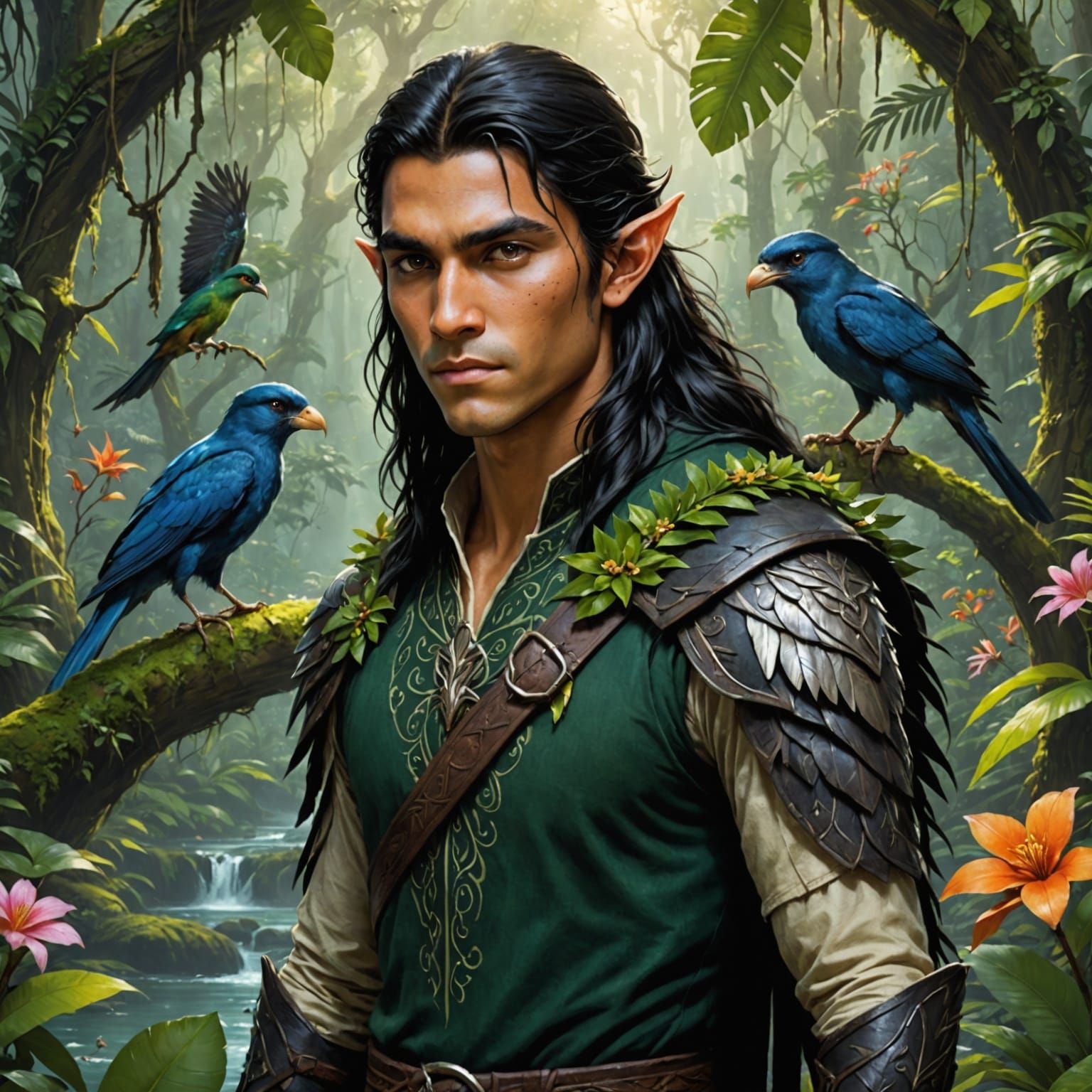 Realistic Elf Warrior in a Vibrant Rainforest