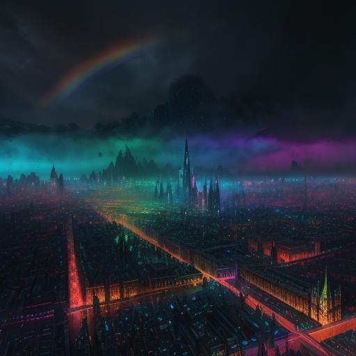 Hyperrealistic Rainbow Rain in Dark City at Night