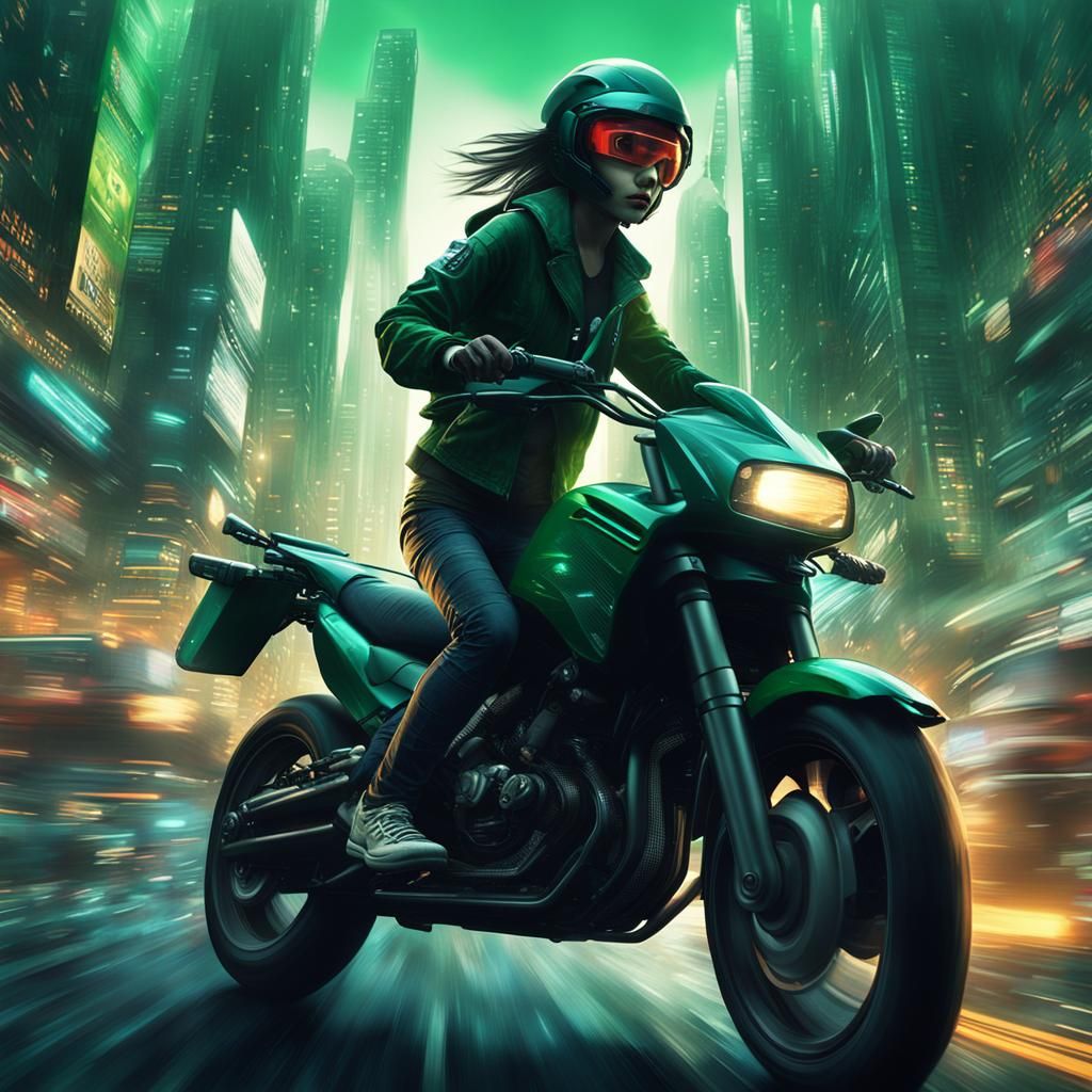 Cyberpunk Biker Speeding Through City at Night