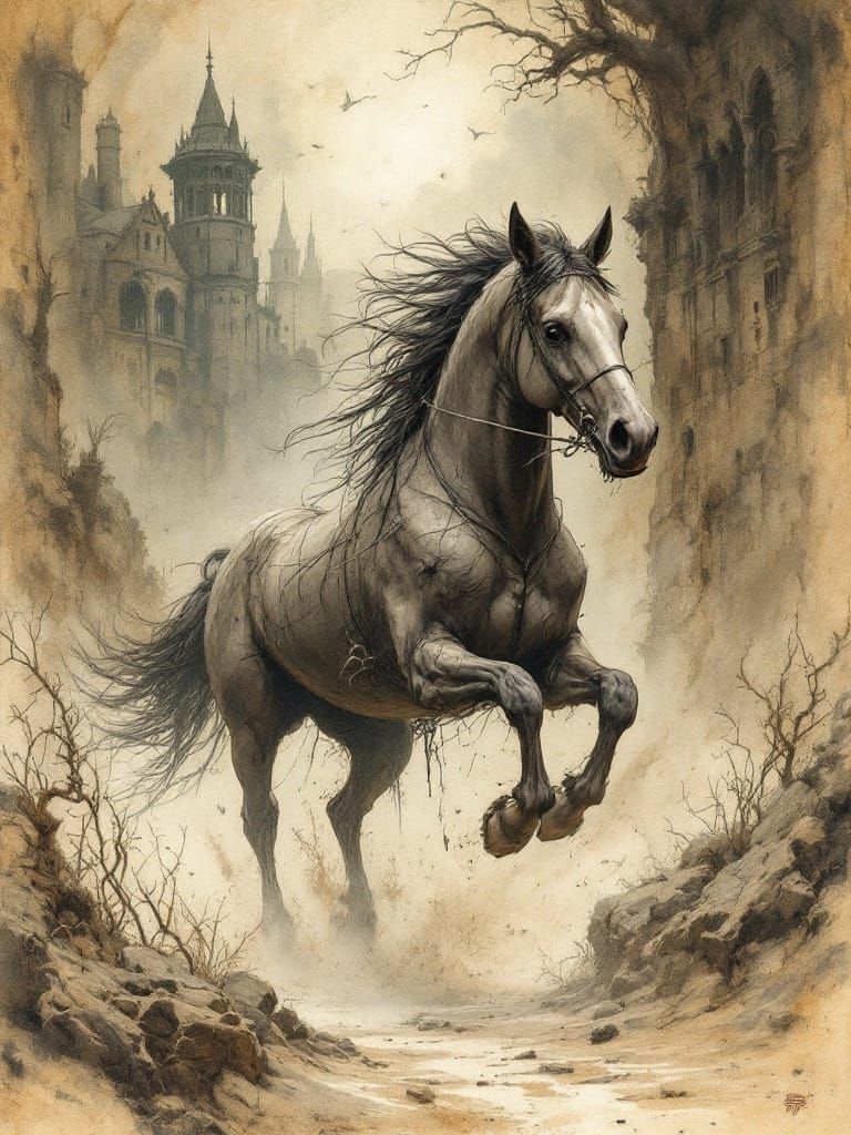 Spectral Horse in Victorian Gothic Ruins