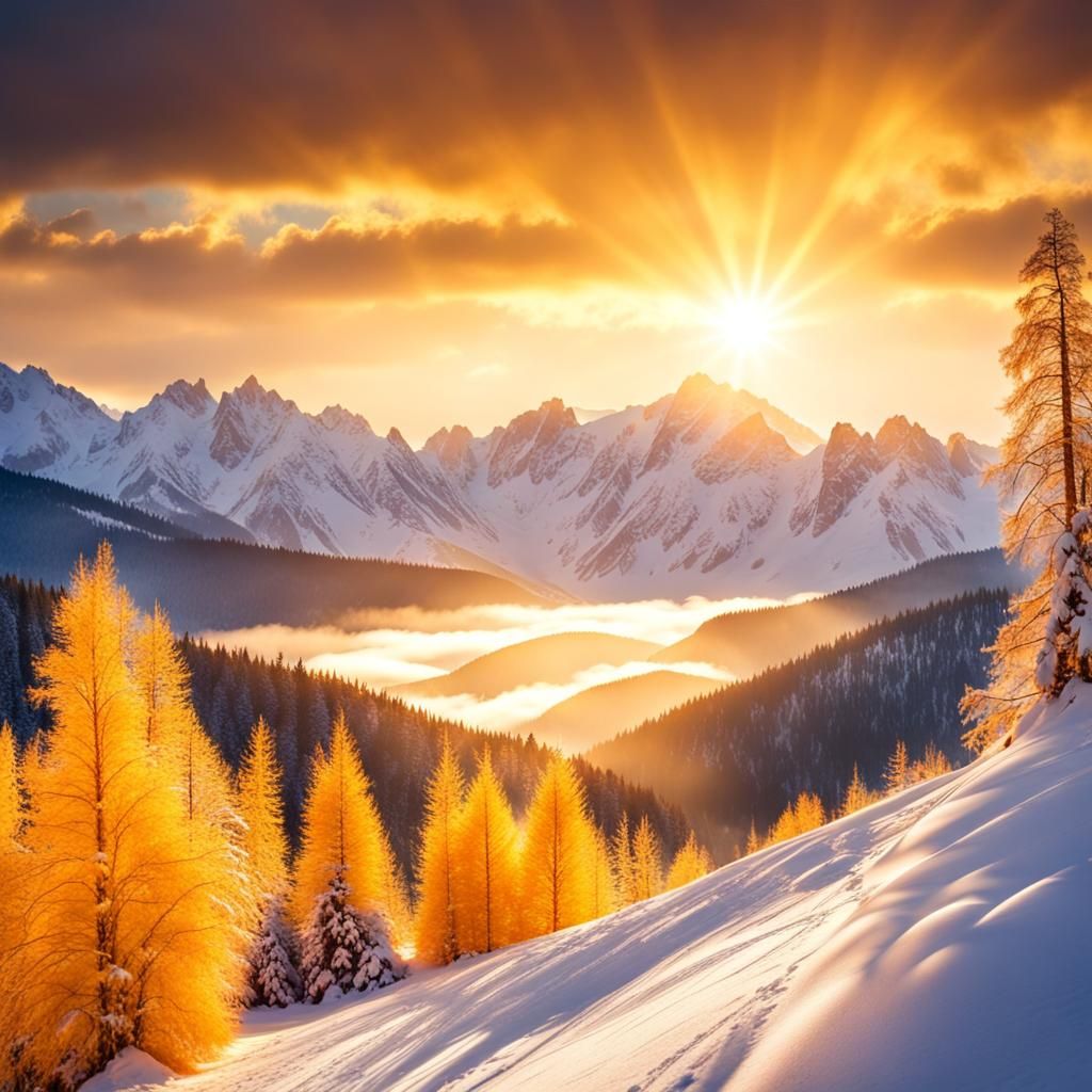 Bright yellow morning Sun rising over snow capped mountains ...