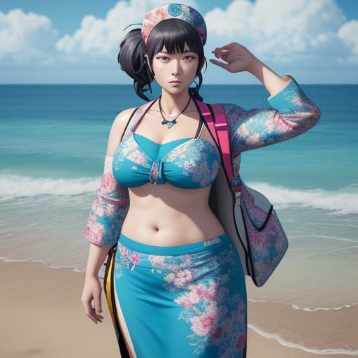 Vibrant Plus-Size Nurse on Sun-Kissed Beach