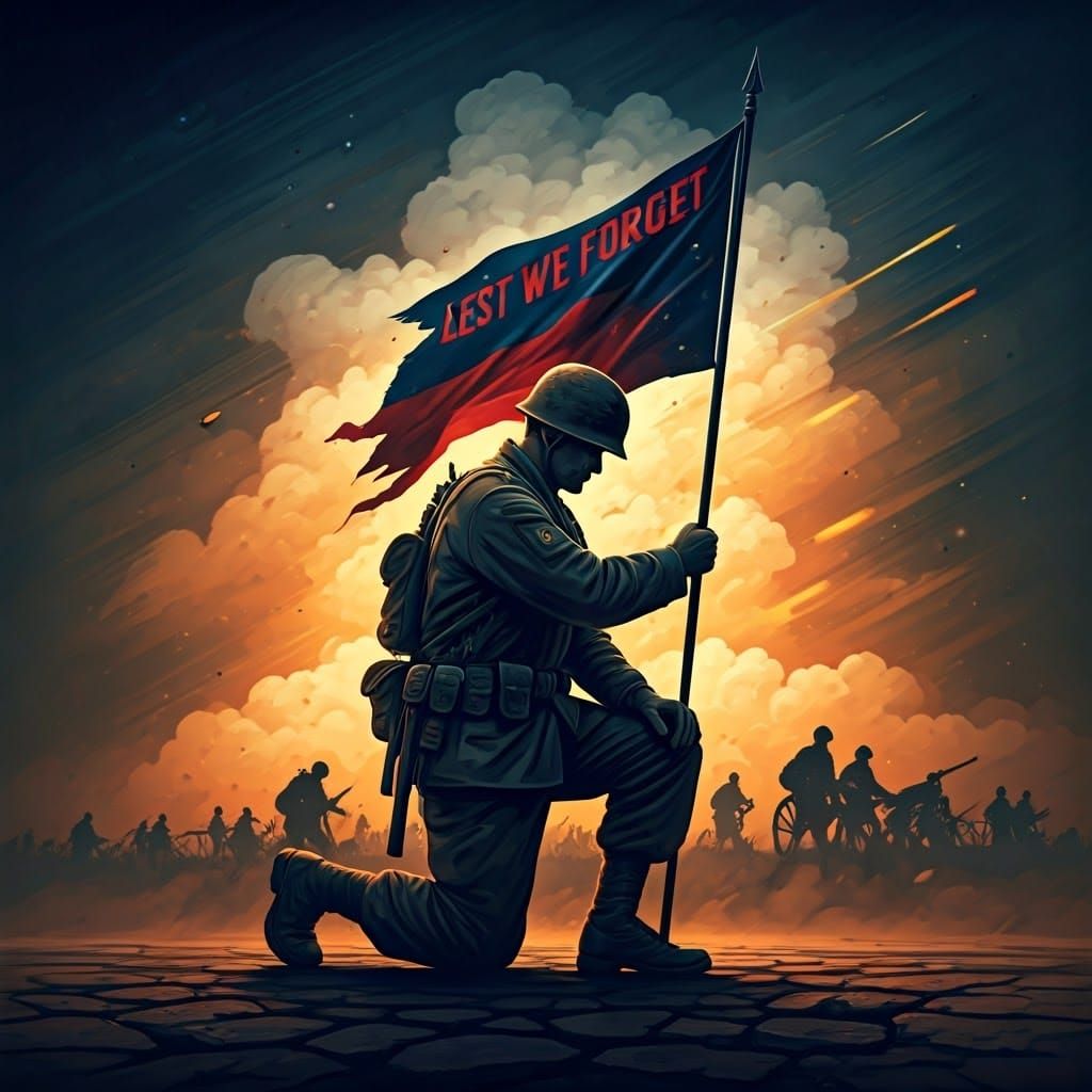 Silhouette of Kneeling Soldier in Cosmic Illustration