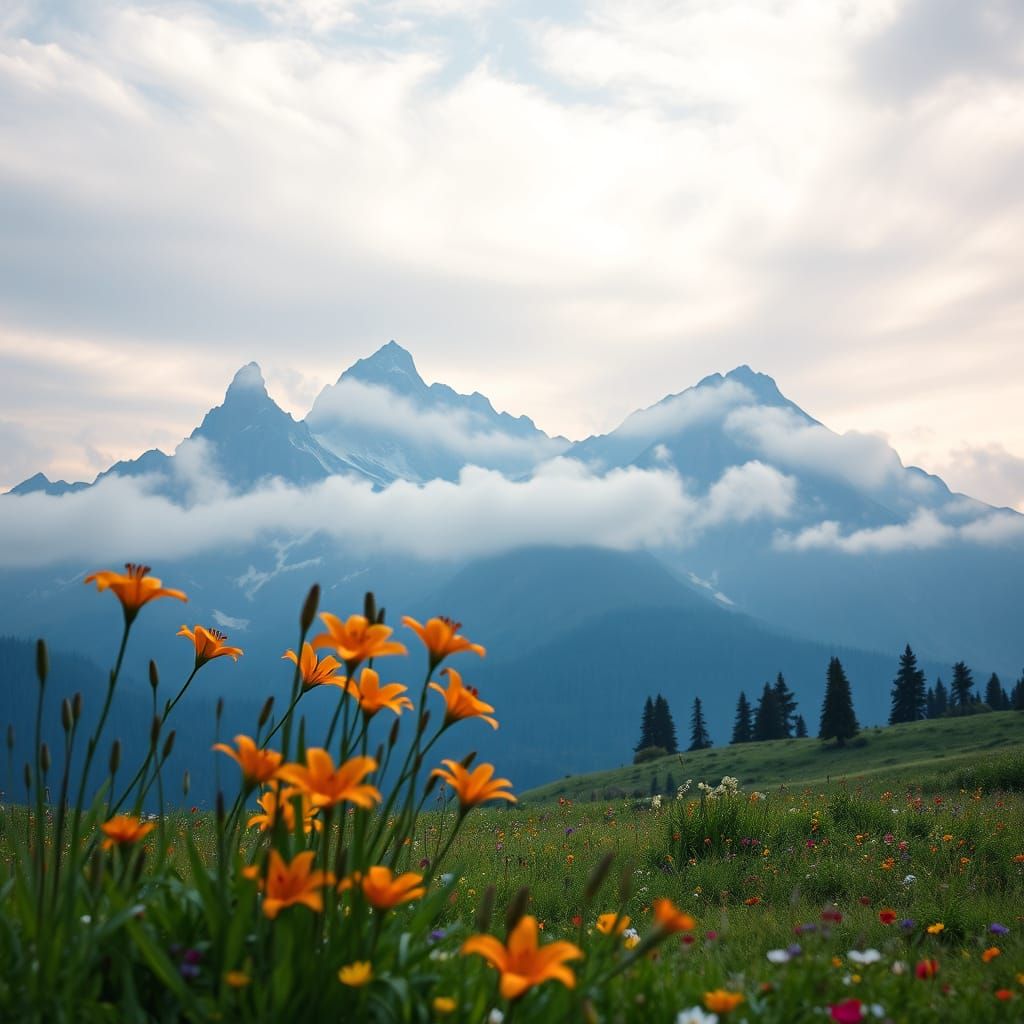 Ethereal Mountain Range with Orange Lilies