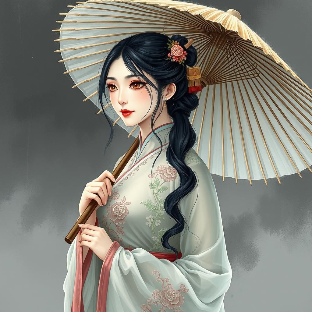 Woman with Bamboo Umbrella in Manga Style