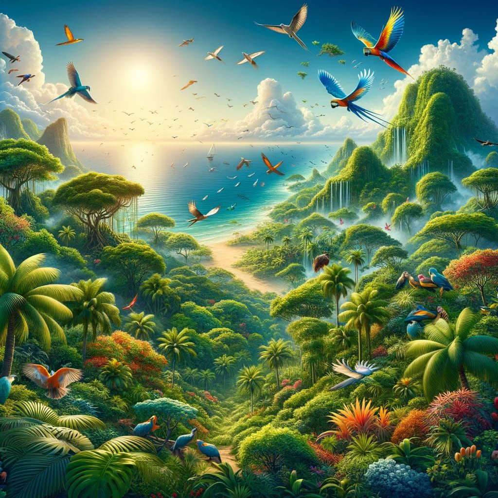 Tropical Island Paradise: Lush Jungle and Ocean Breeze