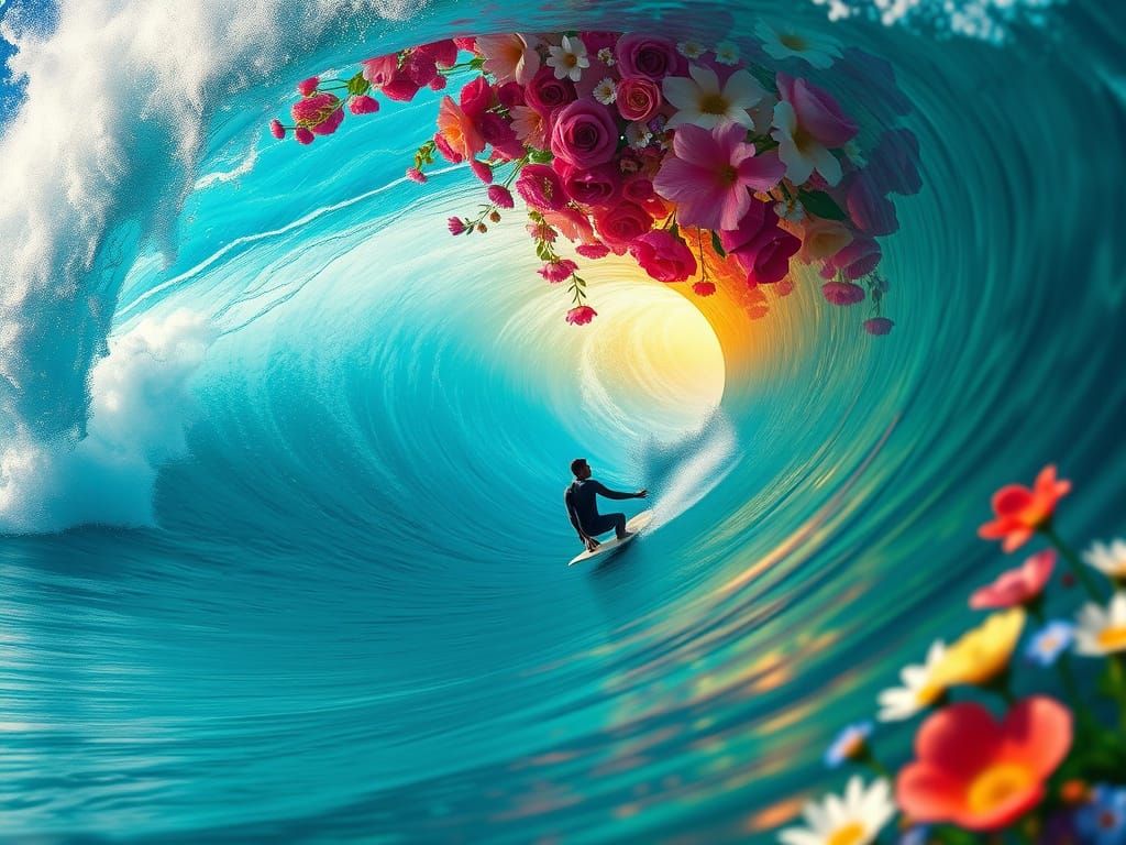 Surreal Flower Wave with Surfer in Photorealistic Graffiti S...
