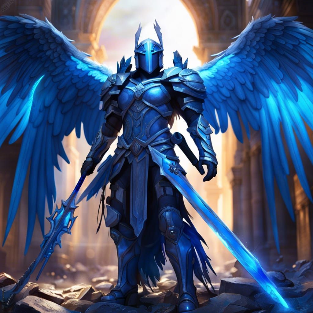 Hyperrealistic Archangel in Blue Armor