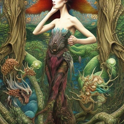 Dragon-Human Hybrid in Mycelium Network, Detailed Art