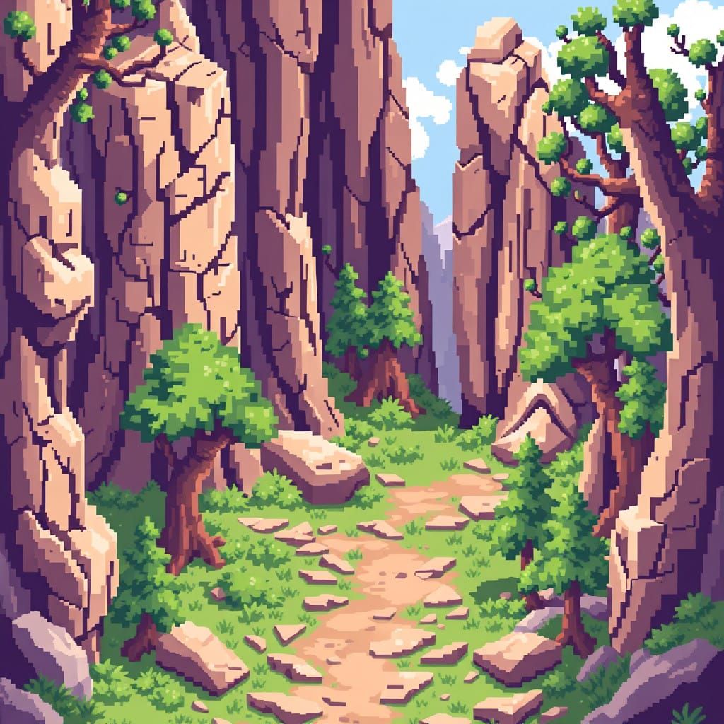 pixel art petrified forest with trees made of rock