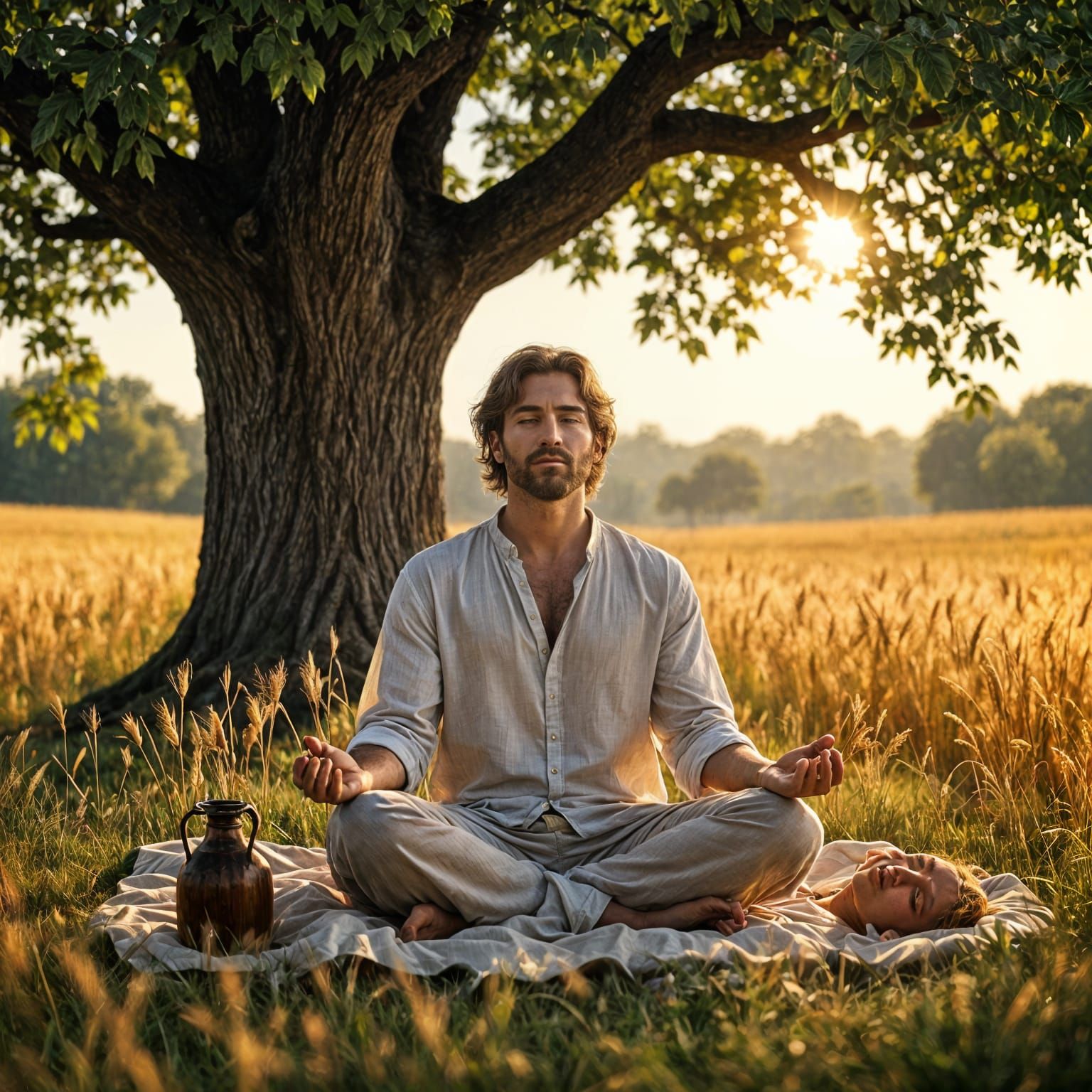 Man Meditating Under Tree in 1830, Golden Aura