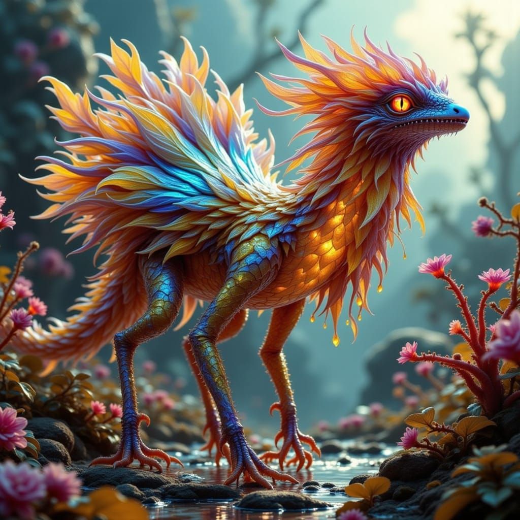 Fantastical Creature with Luminous Skin and Feathered Append...