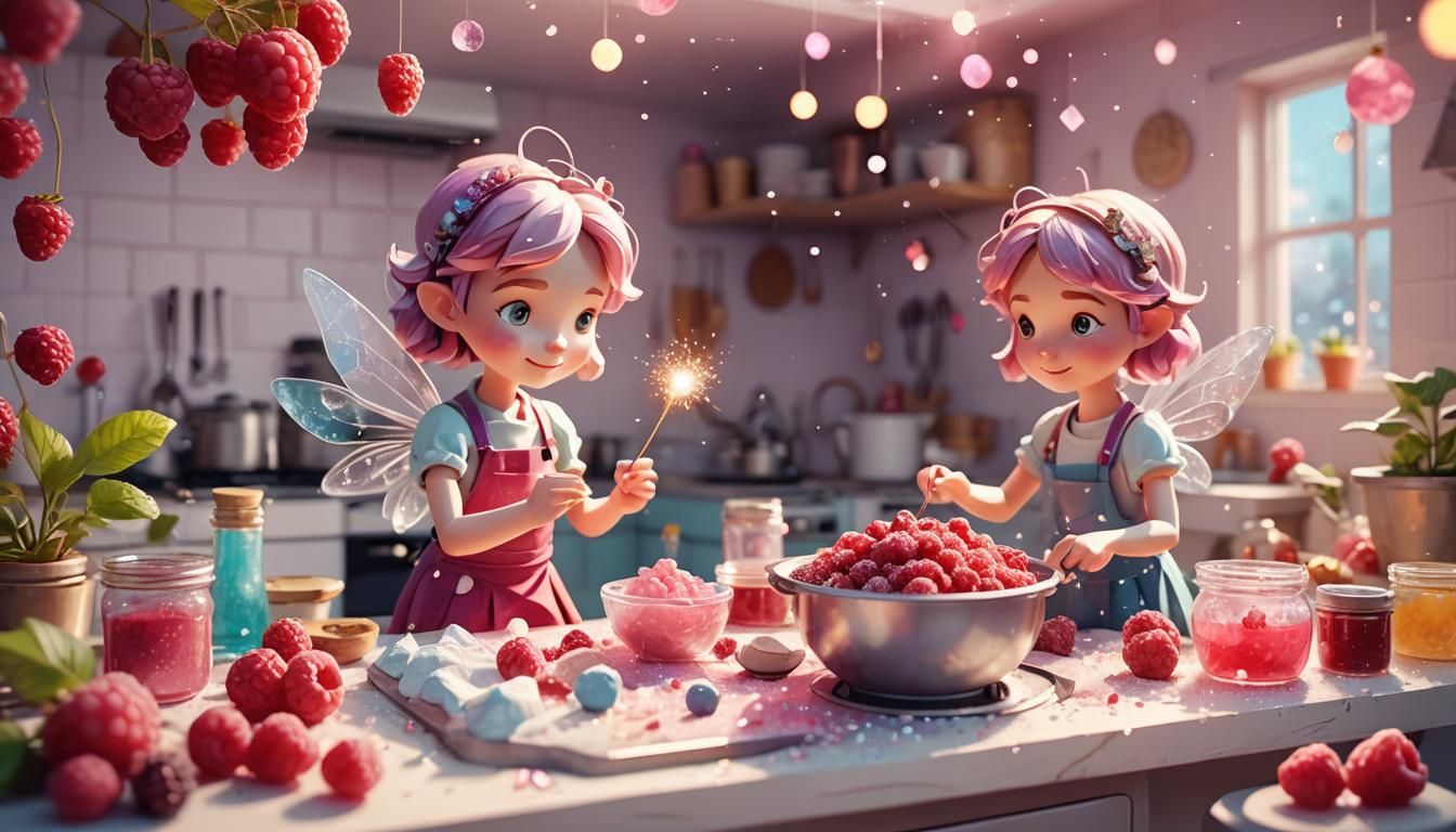 Fairies Cook Raspberry Jam in Low-Poly Kitchen
