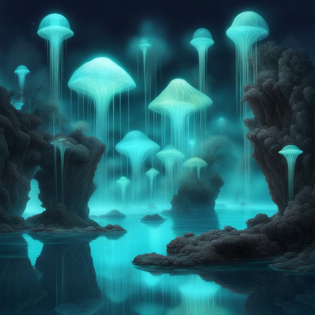 Luminous Bioluminescent Lagoon Digital Art