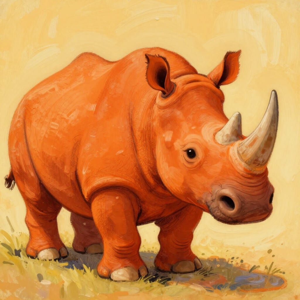 Vibrant Orange Rhinoceros in Whimsical Gouache Style