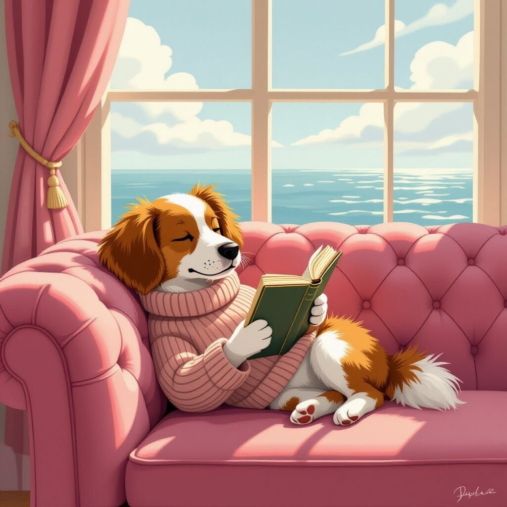 Dog Reading Book on Pink Couch with Sea View