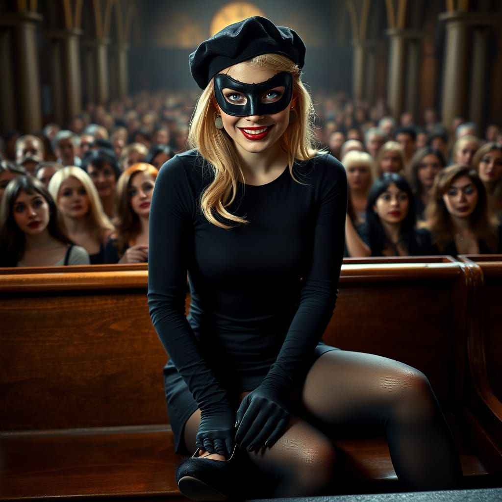 Baroque Painting of Woman in Church Pew with Mask