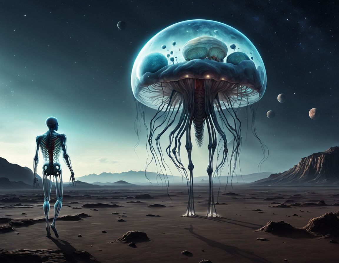Transparent Human Walks on Alien World with Jellyfish