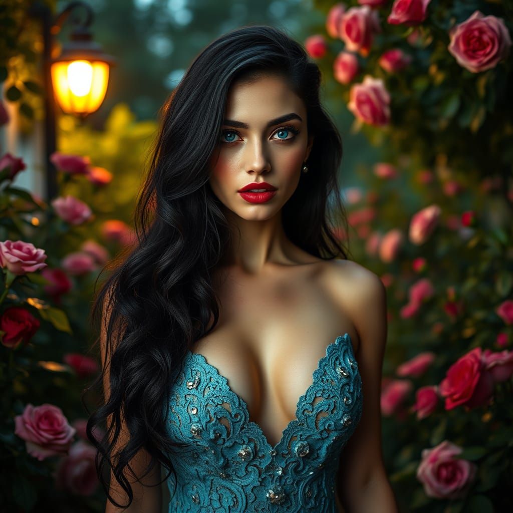Sultry Goddess in Aqua Blue Lace Gown Illuminated by Golden ...