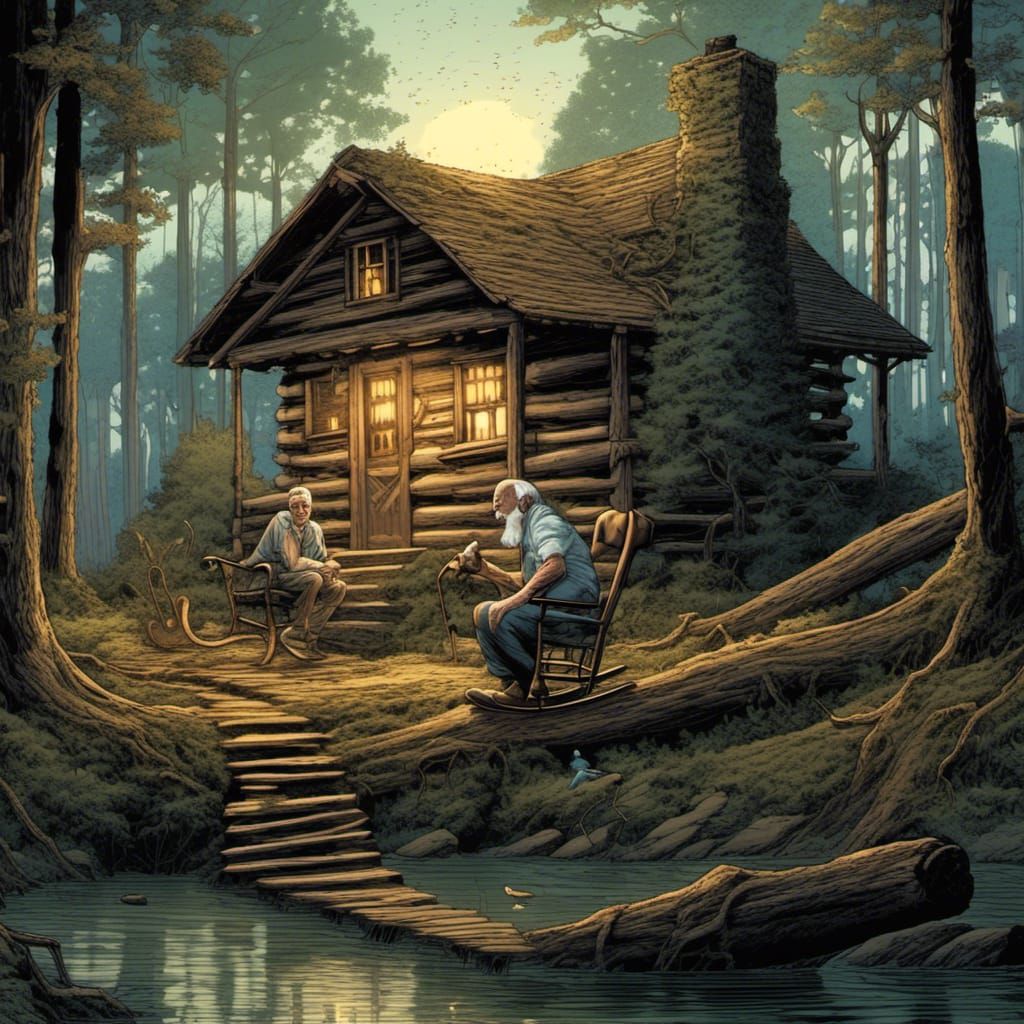 <lora:Fairy Fantasy:1.0> Nighttime and an Old man rocking in...