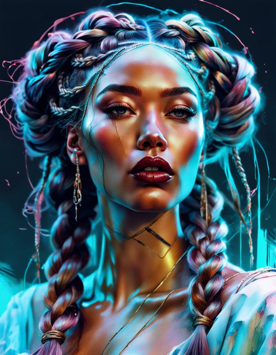 Vaporwave Woman with Braids in Hyperrealistic Style