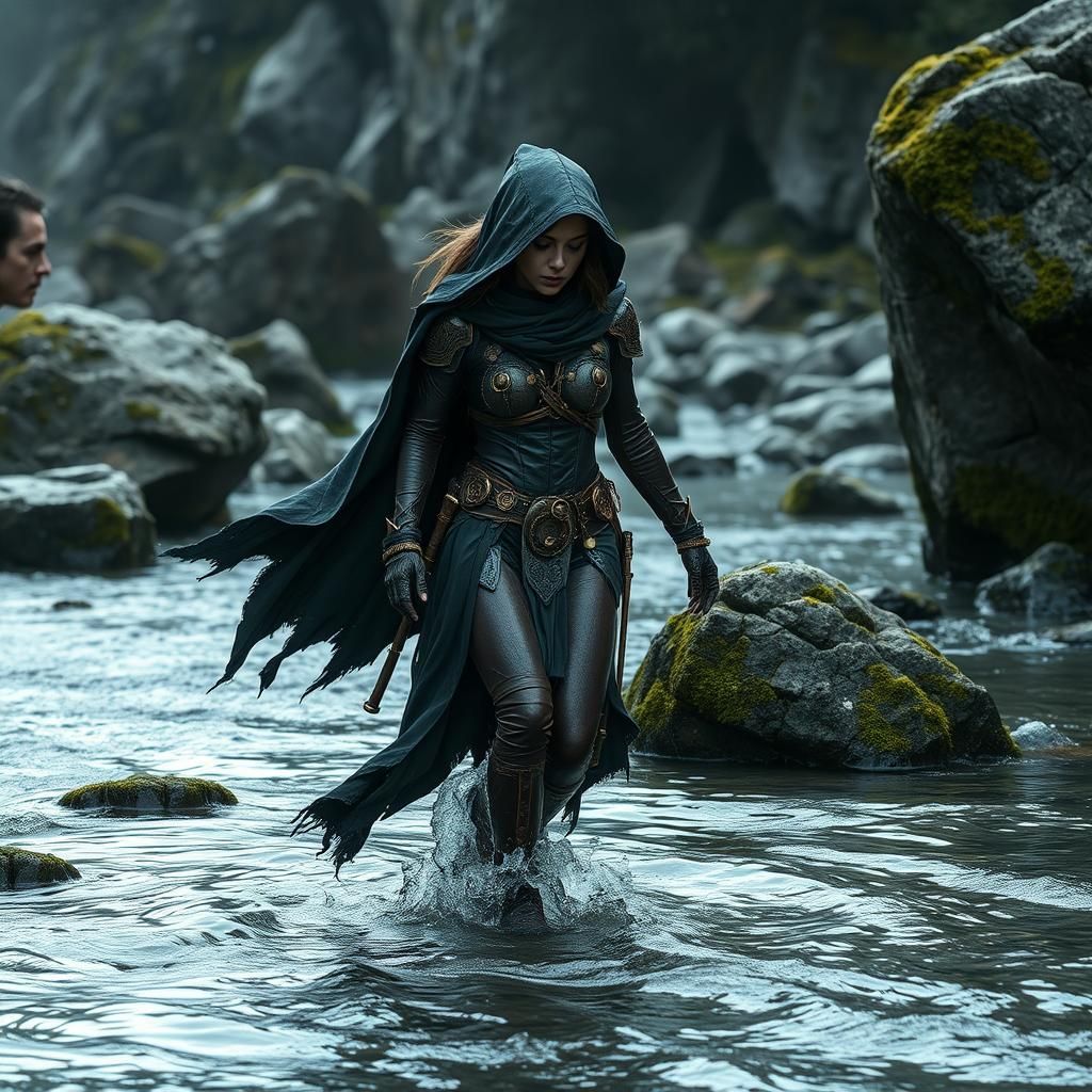 Biomechanical Sorceress in Tattered Cloak Walking by Stream