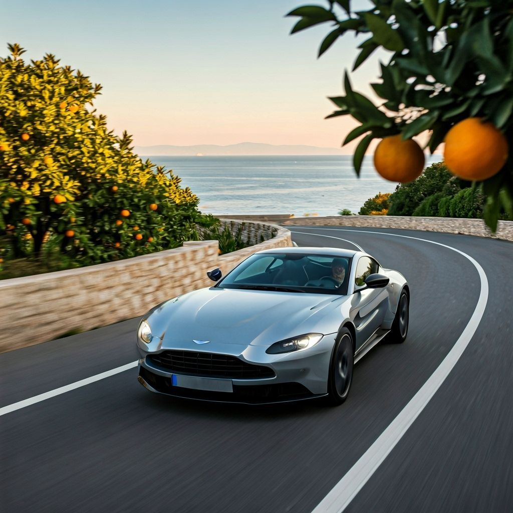 Silver Aston Martin on French Riviera Coastal Road