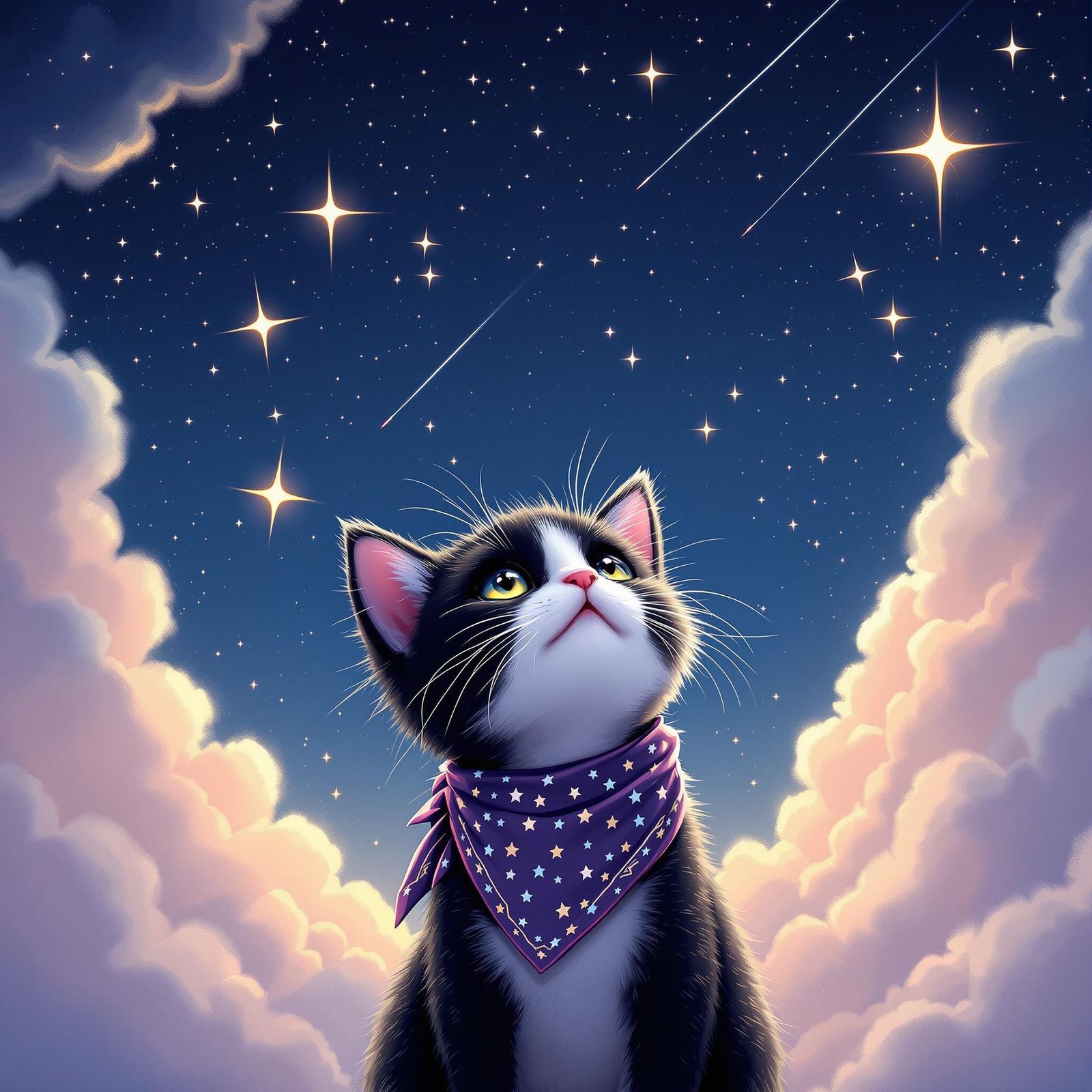 Whimsical Black Cat Contemplates Celestial Wonders in Dreaml...